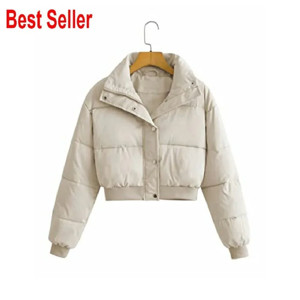 Cropped Puffer Jacket Stand Collar Zip Up Winter Padded Down Coat Chic